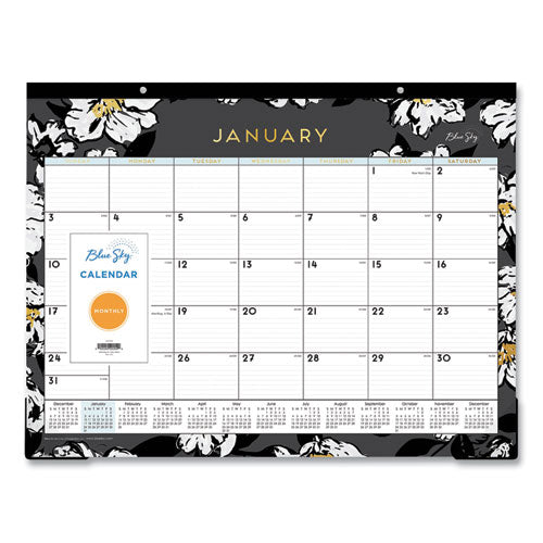 Blue Sky Baccara Dark Desk Pad, Floral Artwork, 22 x 17, White/Black/Gold Sheets, Black Binding, 12-Month (Jan to Dec): 2026