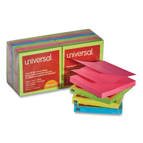Universal Fan-Folded Self-Stick Pop-Up Note Pads, 3" x 3", Assorted Neon Colors, 100 Sheets/Pad, 12 Pads/Pack