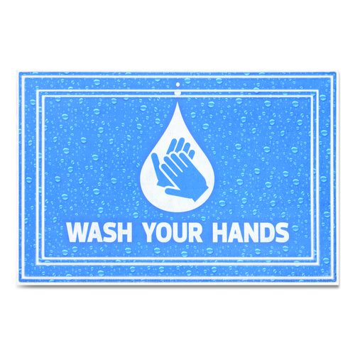 Apache Mills Social Distancing Message Mats, White Printed Message: Wash Hands, 36" x 24", Blue Surface