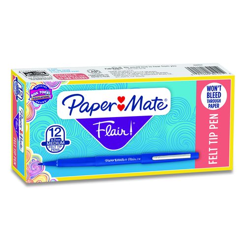 Paper Mate Point Guard Flair Felt Tip Porous Point Pen, Stick, Medium 0.7 mm, Blue Ink, Blue Barrel, Dozen