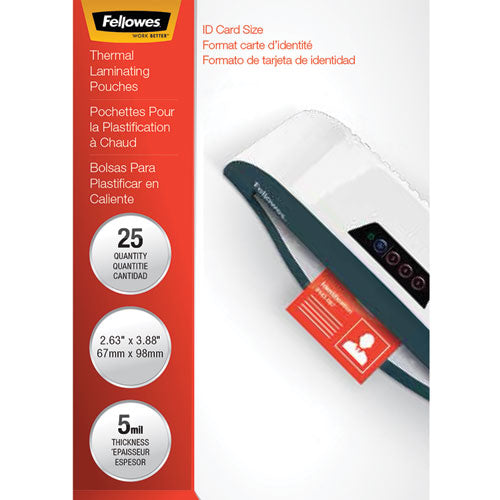 Fellowes Laminating Pouches, 5 mil., 3.88" x 2.63", Gloss Clear, 25/Pack