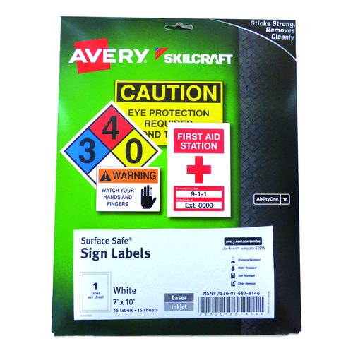 AbilityOne 7530016878146, SKILCRAFT AVERY Surface Safe Sign Labels, 7 x 10, White, 1/Sheet, 15 Sheets/Box, 12 Boxes/Box