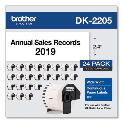 Brother Continuous Paper Label Tape, 2.4" x 100 ft, White, 24 Rolls/Pack