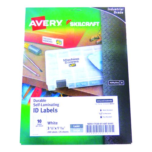 AbilityOne 7530016878443, SKILCRAFT AVERY Durable Self-Laminating ID Labels, 1.03 x 3.5, White, 10/Sheet, 25 Sheets/Pack