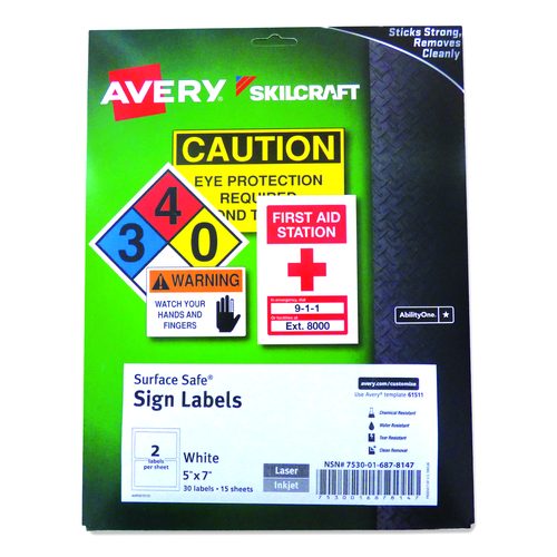 AbilityOne 7530016878147, SKILCRAFT AVERY Surface Safe Sign Labels, 5 x 7, White, 2/Sheet, 15 Sheets/Box, 12 Boxes/Box