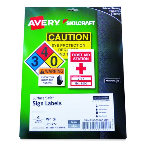 AbilityOne 7530016875089, SKILCRAFT AVERY Surface Safe Sign Labels, 3.5 x 5, White, 4/Sheet, 15 Sheets/Box, 12 Boxes/Carton