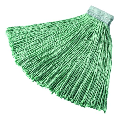 Rubbermaid Commercial Non-Launderable Cotton/Synthetic Cut-End Wet Mop Heads, 24 oz, Green, 5" White Headband
