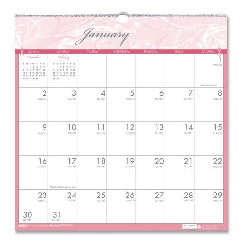 House of Doolittle Recycled Monthly Wall Calendar, Breast Cancer Awareness Artwork, 12 x 12, White/Pink/Gray Sheets, 12-Month (Jan-Dec): 2026