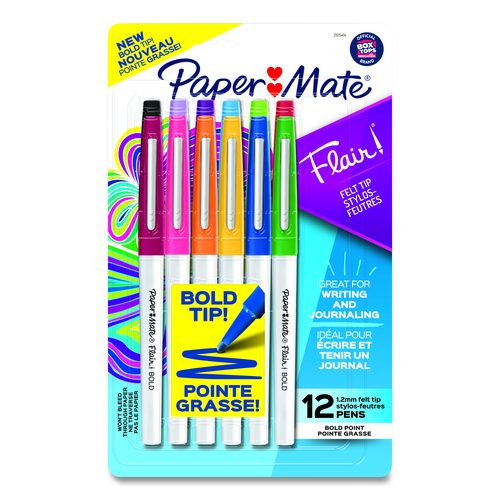 Paper Mate Flair Felt Tip Porous Point Pen, Stick, Bold 1.2 mm, Assorted Ink Colors, White Pearl Barrel, 12/Pack