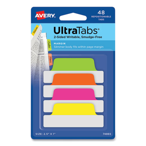 Avery Ultra Tabs Repositionable Tabs, Margin Tabs: 2.5" x 1", 1/5-Cut, Assorted Neon Colors, 48/Pack