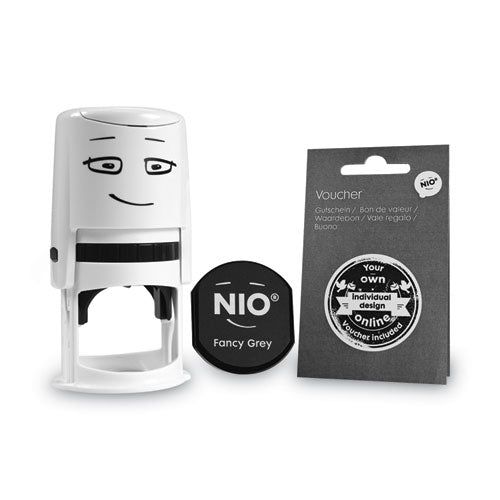 NIO Stamp with Voucher and Fancy Gray Ink Pad, Self-Inking, 1.56" Diameter