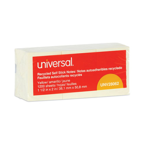 Universal Recycled Self-Stick Note Pads, 1.5" x 2", Yellow, 100 Sheets/Pad, 12 Pads/Pack