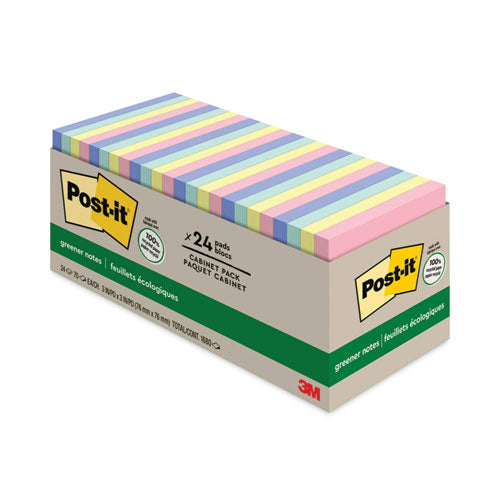 Post-it Greener Notes Original Recycled Note Pad Cabinet Pack, 3" x 3", Sweet Sprinkles Collection Colors, 75 Sheets/Pad, 24 Pads/Pack