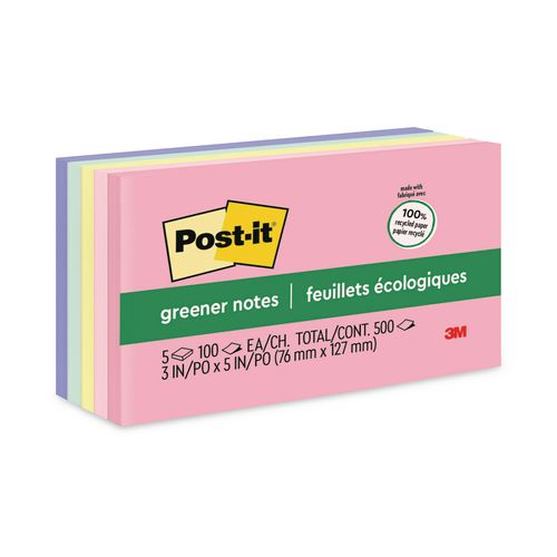 Post-it Greener Notes Original Recycled Note Pads, 3" x 5", Sweet Sprinkles Collection Colors, 100 Sheets/Pad, 5 Pads/Pack