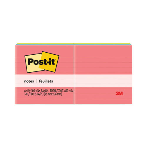 Post-it Notes Original Pads in Poptimistic Collection Colors, Note Ruled, 3" x 3", 100 Sheets/Pad, 6 Pads/Pack