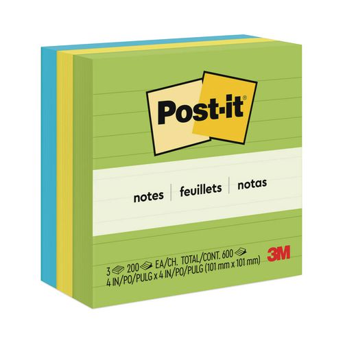 Post-it Notes Original Pads in Floral Fantasy Collection Colors, Note Ruled, 4" x 4", 200 Sheets/Pad, 3 Pads/Pack