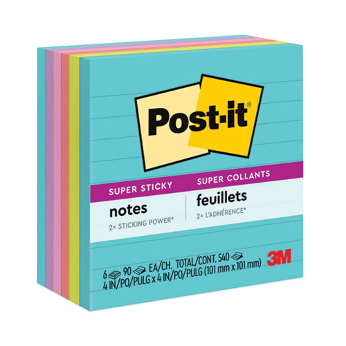 Post-it Notes Super Sticky Pads in Supernova Neon Collection Colors, Note Ruled, 4" x 4", 90 Sheets/Pad, 6 Pads/Pack