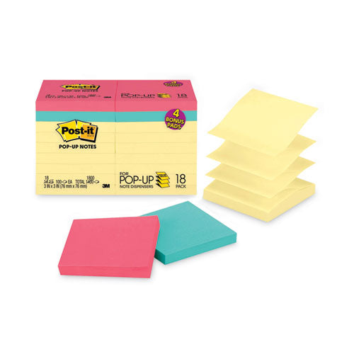 Post-it Dispenser Notes Original Pop-up Notes Value Pack, 3 x 3, (14) Canary Yellow, (4) Poptimistic Collection Colors, 100 Sheets/Pad, 18 Pads/Pack
