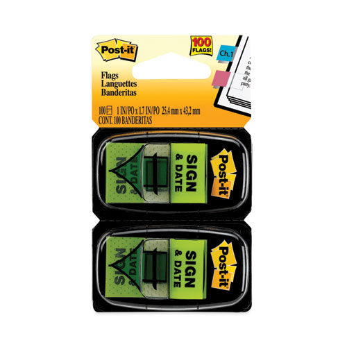 Post-it Flags Arrow Message 1" Page Flags, "Sign and Date", Green, 50 Flags/Dispenser, 2 Dispensers/Pack