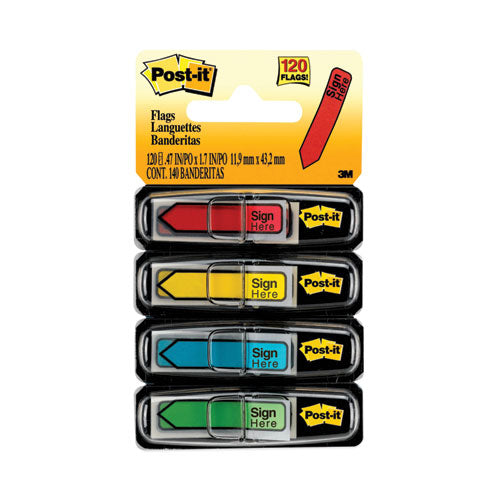 Post-it Flags Arrow Message 0.5" Page Flags w/Dispensers, "Sign Here", Asst Primary, 30 Flags Dispenser, 4 Dispensers/Pack