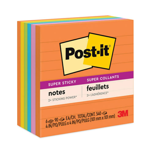 Post-it Notes Super Sticky Pads in Energy Boost Collection Colors, Note Ruled, 4" x 4", 90 Sheets/Pad, 6 Pads/Pack