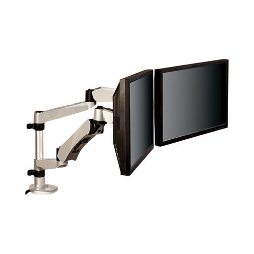 3M Easy-Adjust Desk Dual Arm Mount for 27" Monitors, 360 deg Rotation, +90/-15 deg Tilt, 360 deg Pan, Silver, Supports 20 lb