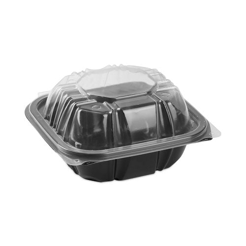 Pactiv Evergreen EarthChoice Vented Dual Color Microwavable Hinged Lid Container, 16 oz, 6 x 6 x 3.1, Black/Clear, Plastic, 321/Carton