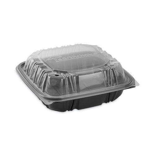 Pactiv Evergreen EarthChoice Vented Dual Color Microwavable Hinged Lid Container, 28 oz, 7.5 x 7.5 x 3.1, Black/Clear, Plastic, 150/Carton