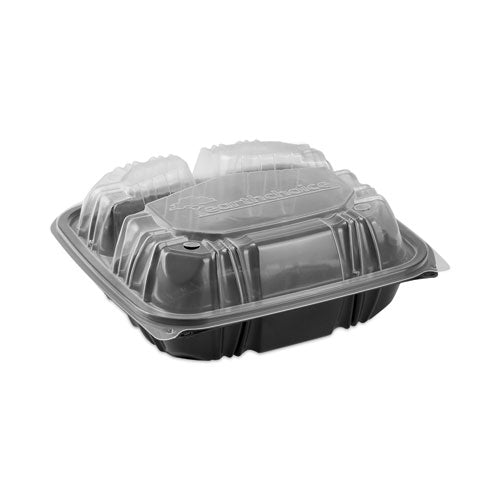 Pactiv Evergreen EarthChoice Vented Dual Color Microwavable Hinged Lid Container, 3 Compartment Base/Lid, 33 oz, Black/Clear, Plastic, 150/CT