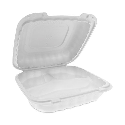 Pactiv Evergreen EarthChoice SmartLock Microwavable MFPP Hinged Lid Container, 3 Compartments, 8.35 x 8.35 x 3.1, White, Plastic, 200/Carton