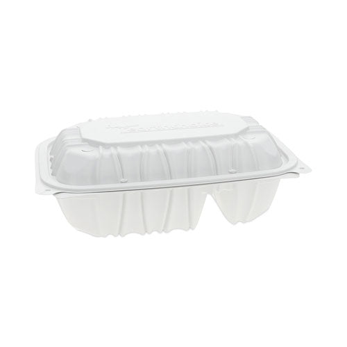 Pactiv Evergreen EarthChoice Vented Microwavable MFPP Hinged Lid Container, 2 Compartments, 9 x 6 x 3.1, White, Plastic, 170/Carton