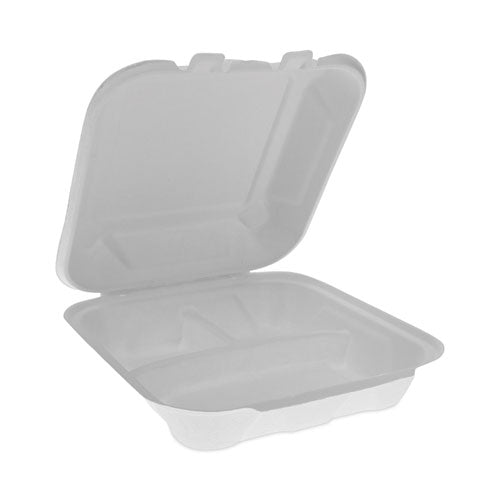 Pactiv Evergreen EarthChoice Bagasse Hinged Lid Container, 3 Compartments, Dual Tab Lock, 7.8 x 7.8 x 2.8, Natural, Sugarcane, 150/Carton