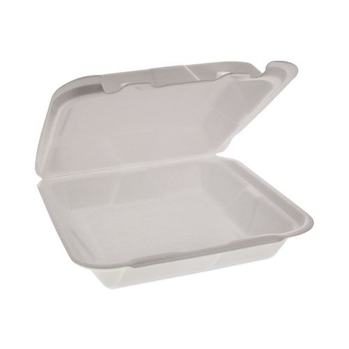 Pactiv Evergreen Foam Hinged Lid Container, Dual Tab Lock Happy Face, 8 x 7.75 x 2.25, White, 200/Carton