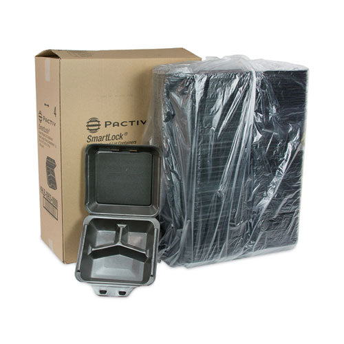 Pactiv Evergreen SmartLock Foam Hinged Lid Container, Large, 3 Compartments, 9 x 9.5 x 3.3, Black, 150/Carton