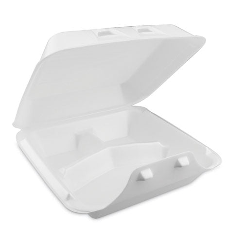 Pactiv Evergreen SmartLock Foam Hinged Lid Container, Large, 3 Compartments, 9 x 9.25 x 3.25, White, 150/Carton