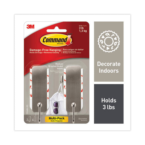 Command Medium Indoor Decorative Hooks, Metal, Brushed Nickel, Supports 3 lb, 2/Pack