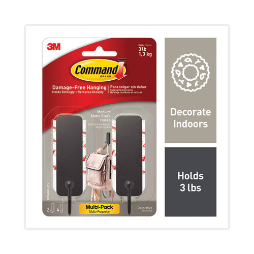 Command Medium Indoor Decorative Hooks, Metal, Matte Black, Supports 3 lb, 2/Pack