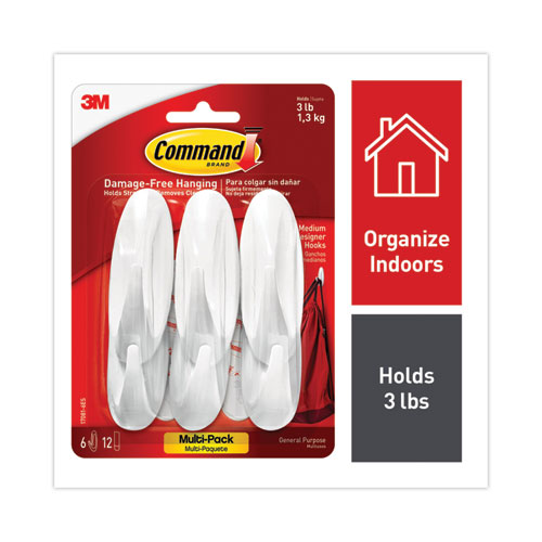 Command Designer Hooks, Medium, Plastic, White, 3 lb Capacity, 6 Hooks and 12 Strips/Pack