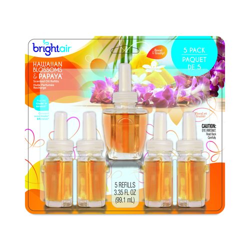 BRIGHT Air Electric Scented Oil Air Freshener Refill, Hawaiian Blossoms and Papaya, 0.67 oz Bottle, 5/Pack