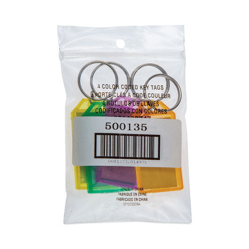 CONTROLTEK Key Tags, Metal/Plastic, Green/Orange/Purple/Yellow, 4/Pack