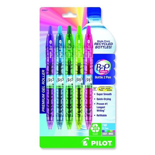 Pilot B2P Bottle-2-Pen Recycled Gel Pen, Retractable, Fine 0.7 mm, Assorted Ink and Barrel Colors, 5/Pack