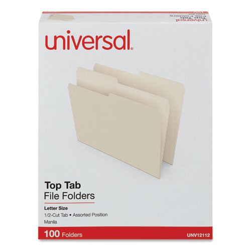 Universal Top Tab File Folders, 1/2-Cut Tabs: Assorted, Letter Size, 0.75" Expansion, Manila, 100/Box