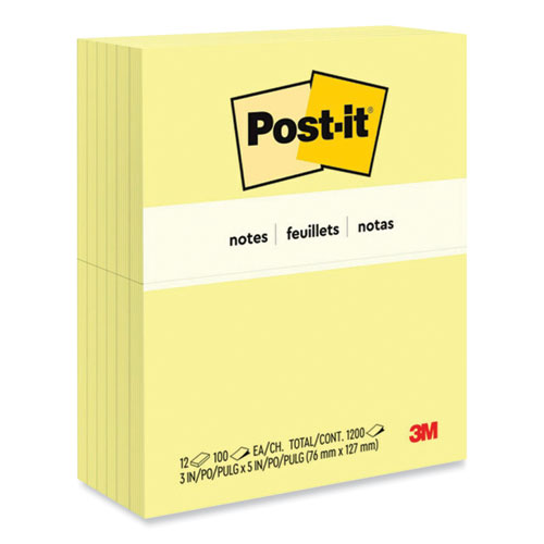 Post-it Notes Original Pads in Canary Yellow, 3" x 5", 100 Sheets/Pad, 12 Pads/Pack