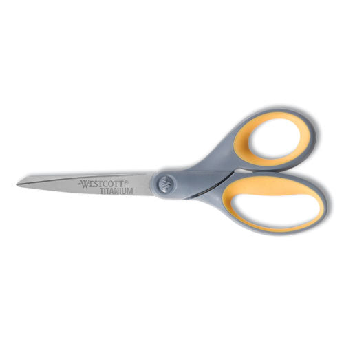 Westcott Titanium Bonded Scissors, 7" Long, 3" Cut Length, Straight Gray/Yellow Handle