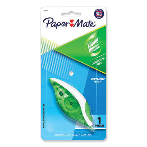 Paper Mate Liquid Paper DryLine Grip Correction Tape, Non-Refillable, 0.2" x 27.92 ft, White Tape, Translucent Green/White Dispenser