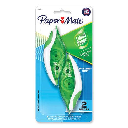 Paper Mate Liquid Paper DryLine Grip Correction Tape, Non-Refillable, 0.2" x 27.92 ft, White Tape, Translucent Green/White Dispenser, 2/Pack