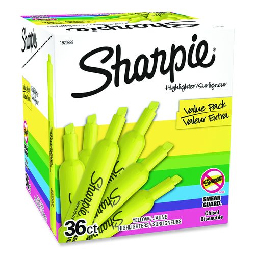 Sharpie Tank Style Highlighter Value Pack, Fluorescent Yellow Ink, Chisel Tip, Yellow Barrel, 36/Box