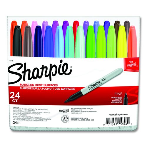 Sharpie Fine Tip Permanent Marker, Fine Bullet Tip, Assorted Colors, 24/Set