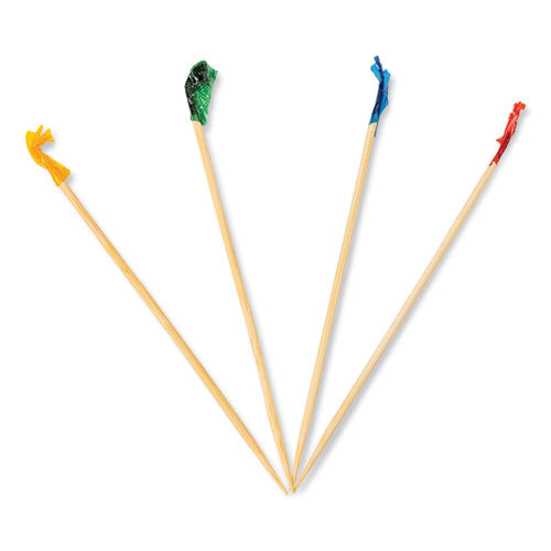 AmerCareRoyal Cellophane-Frill Wood Picks, 4", Bamboo, Assorted Colors, 10,000/Carton