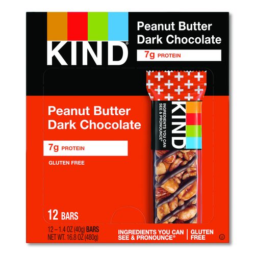 KIND Plus Nutrition Boost Bar, Peanut Butter Dark Chocolate/Protein, 1.4 oz Bar, 12/Box